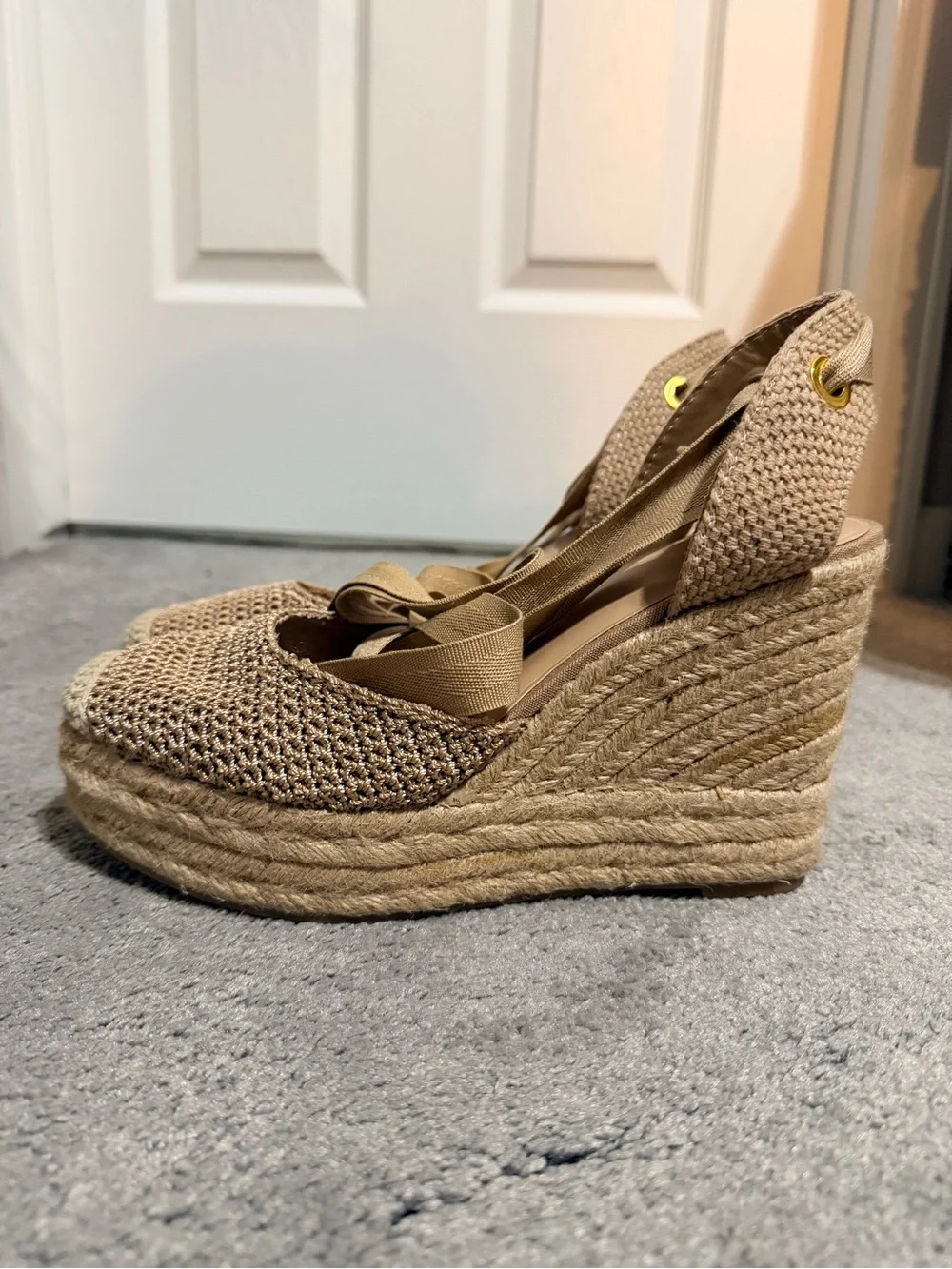 Zara Beige Woven Espadrille Wedge Sandals with Ankle Ties
